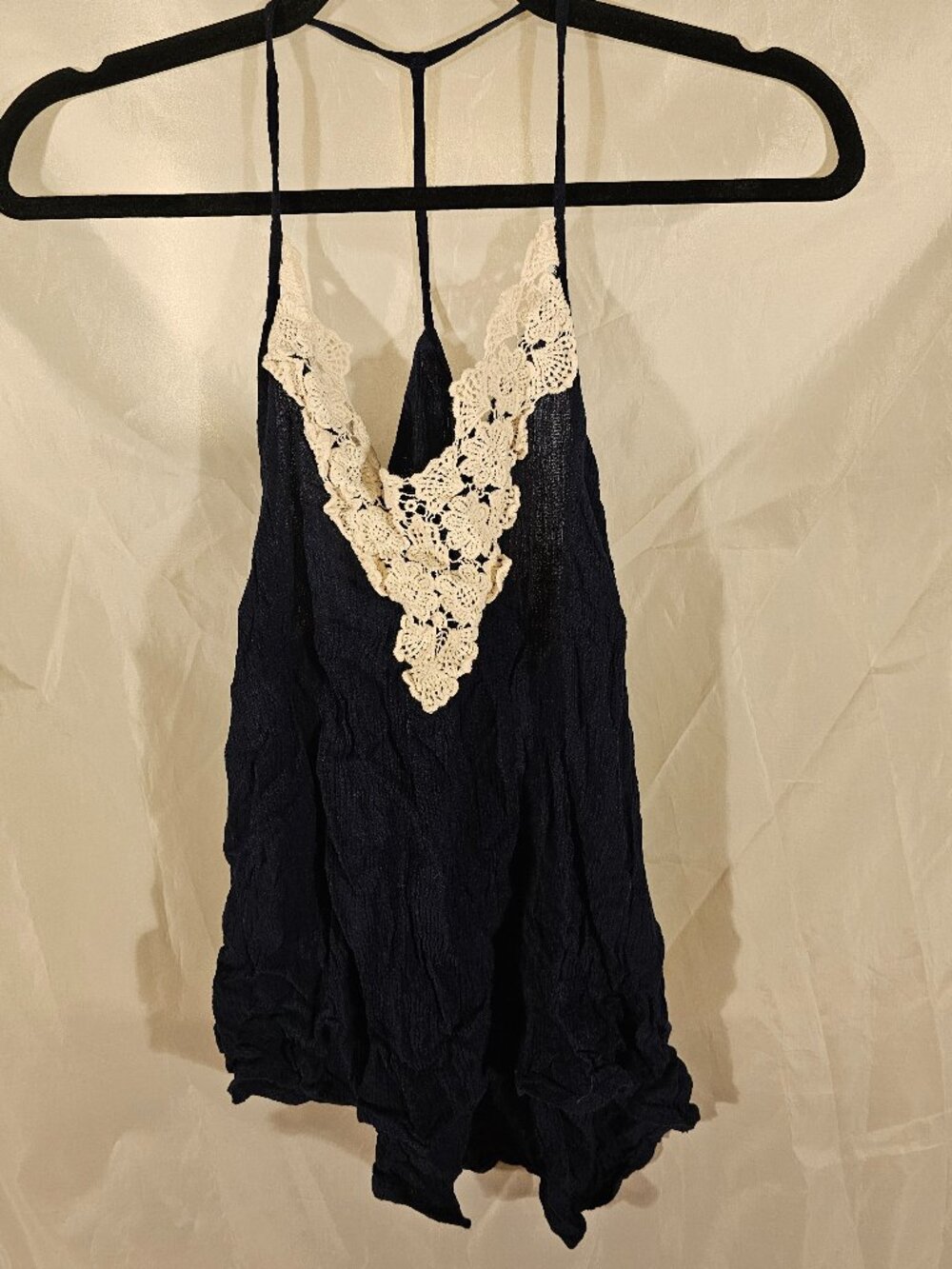 Charlotte Russe crinkle tank with crochet neck. Like new. Size L